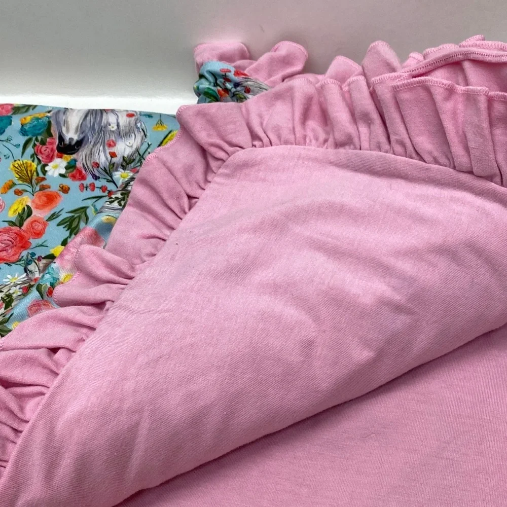 Whimsical Floral Horse Print Throw Blanket w/Solid Pink on the back side Ruffles